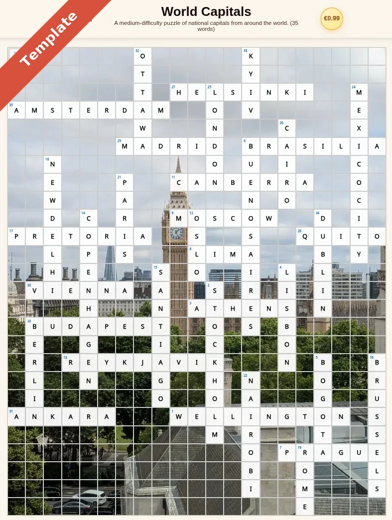 World Capitals crossword puzzle with a London skyline background image